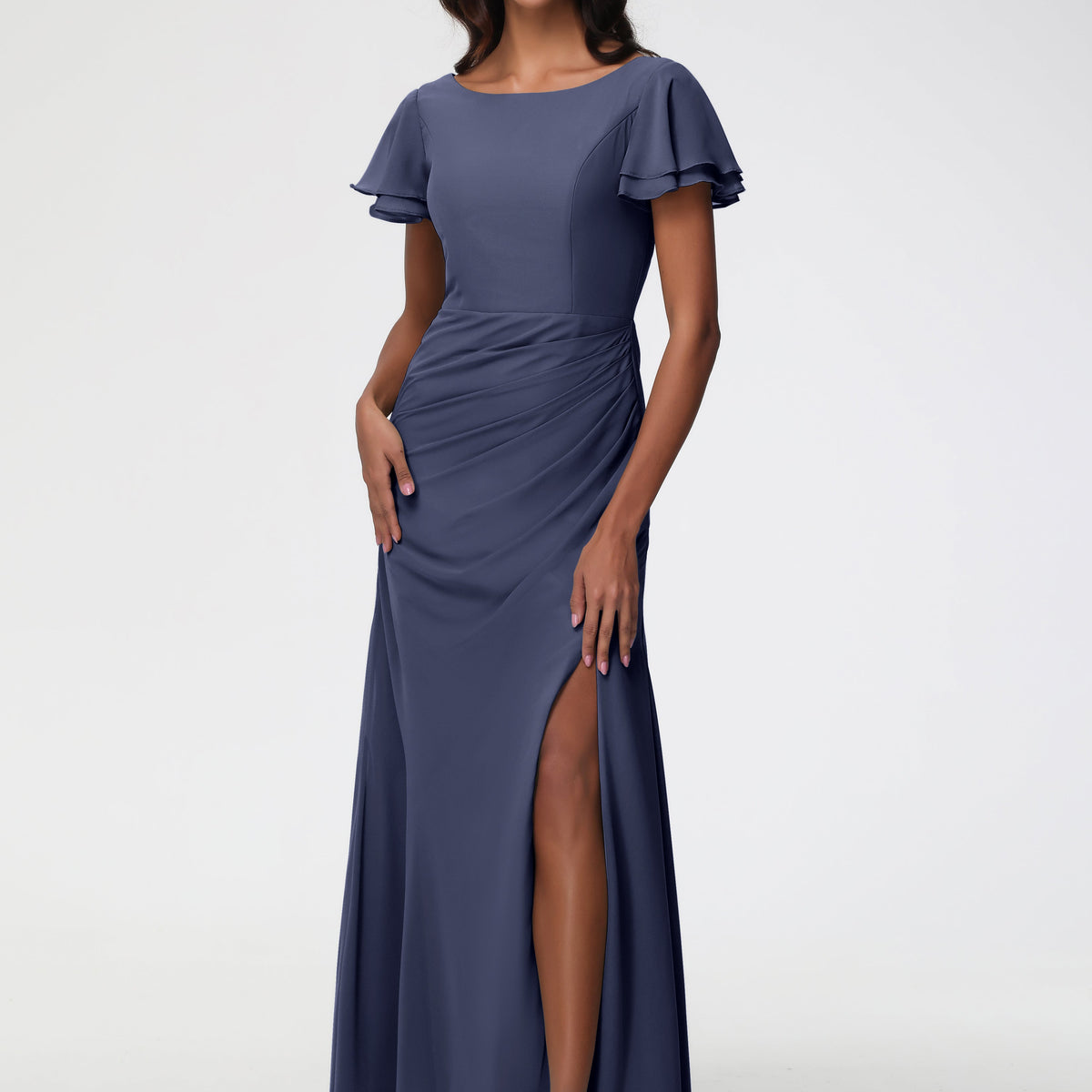 Stormy Bridesmaid Dresses Chic Bateau Neckline Ruffle Short Sleeves Sheath/Column Chiffon Bridesmaid Dress with Slit