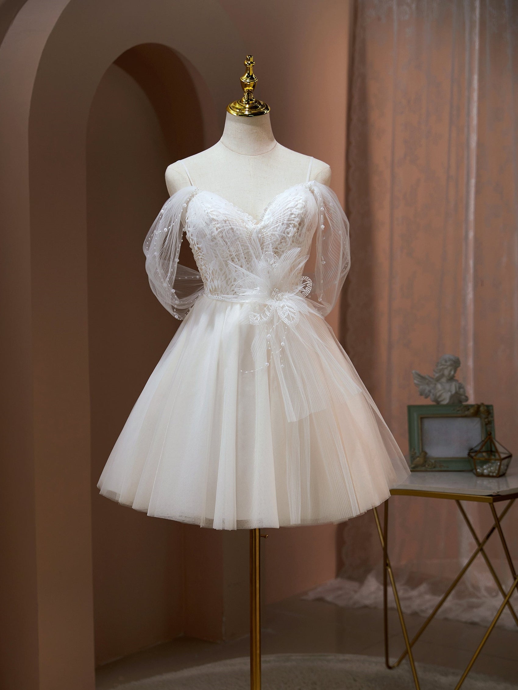 Beading Tulle Cute Spaghetti Straps Homecoming Dresses with Pearls