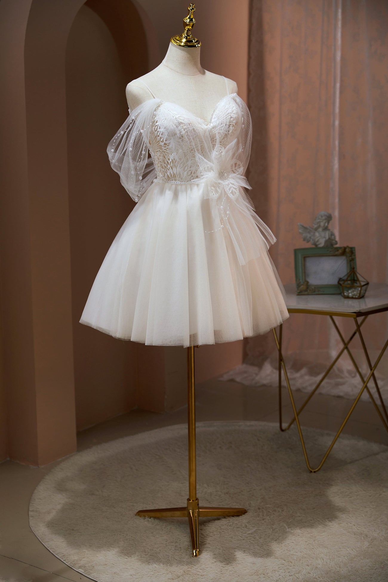 Tulle Lace Spaghetti Straps Homecoming Dresses, Short Prom Dress main image 1