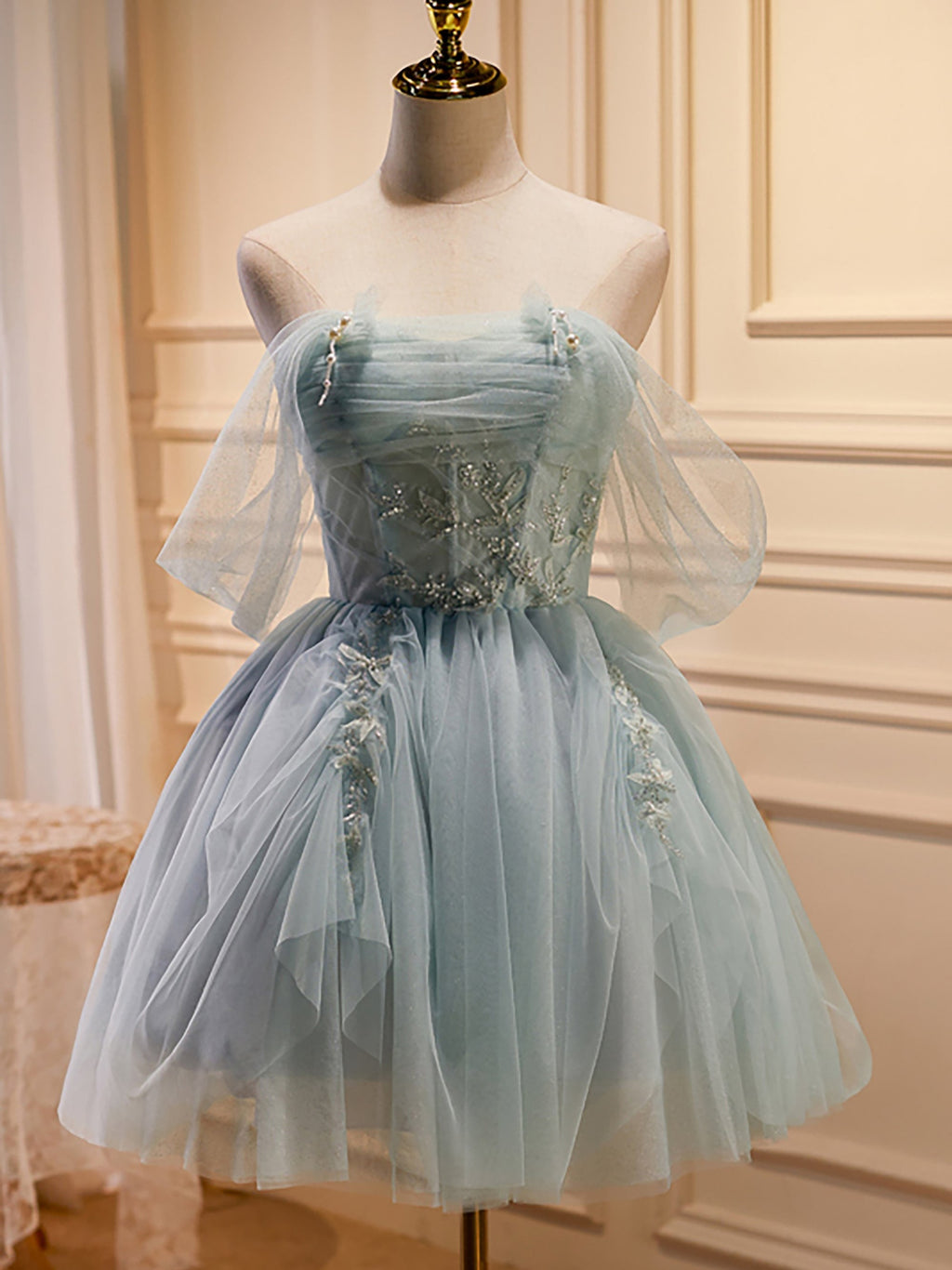 blue tulle homecoming dress Charming Off The Shoulder A Line Short Dresses flared skirt 523 How to Transform a Width:Medium
