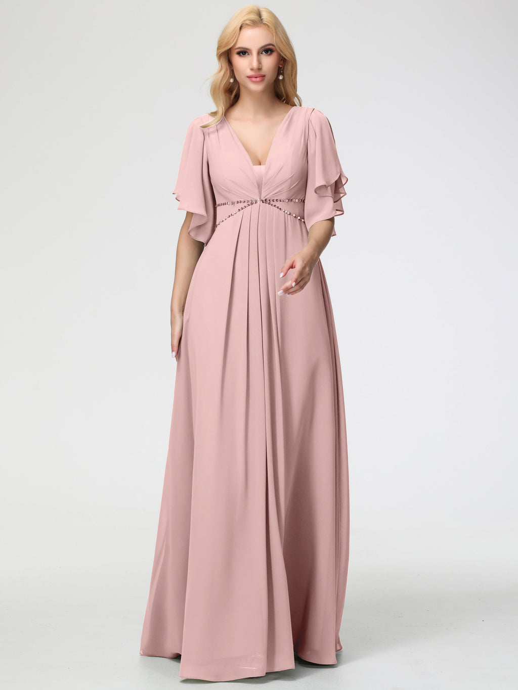 Bridesmaid Dresses Dusty Rose A-Line Short Sleeves V Neck Sequined Empire Waist Long Chiffon Bridesmaid Dresses