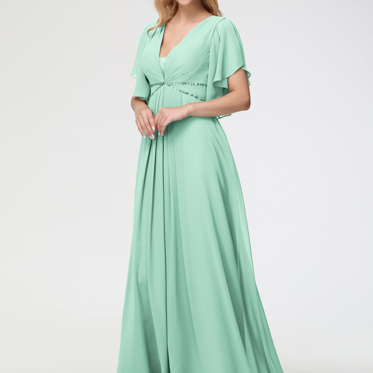 Girls Mint Green Bridesmaid Dress A-Line Short Sleeves V Neck Sequined