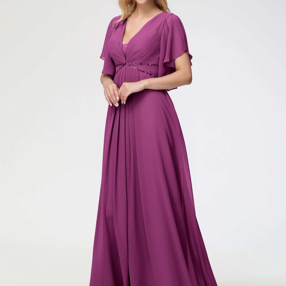 Orchid Purple Bridesmaid Dresses A-Line Short Sleeves V Neck Sequined Empire Waist Long Chiffon Bridesmaid Dresses