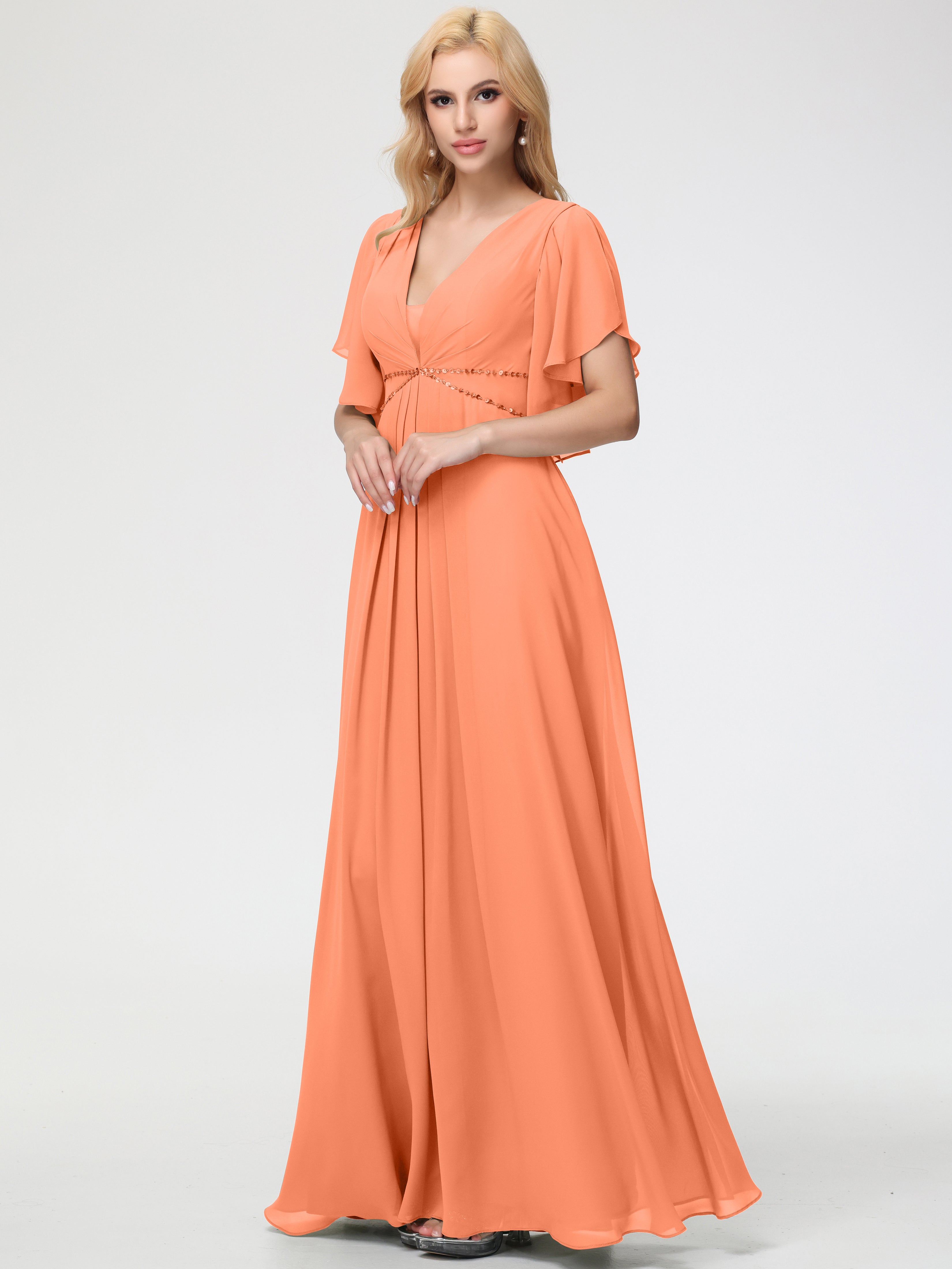 Papaya Bridesmaid Dresses A-Line Short Sleeves V Neck Sequined Empire Waist Long Chiffon Bridesmaid Dresses