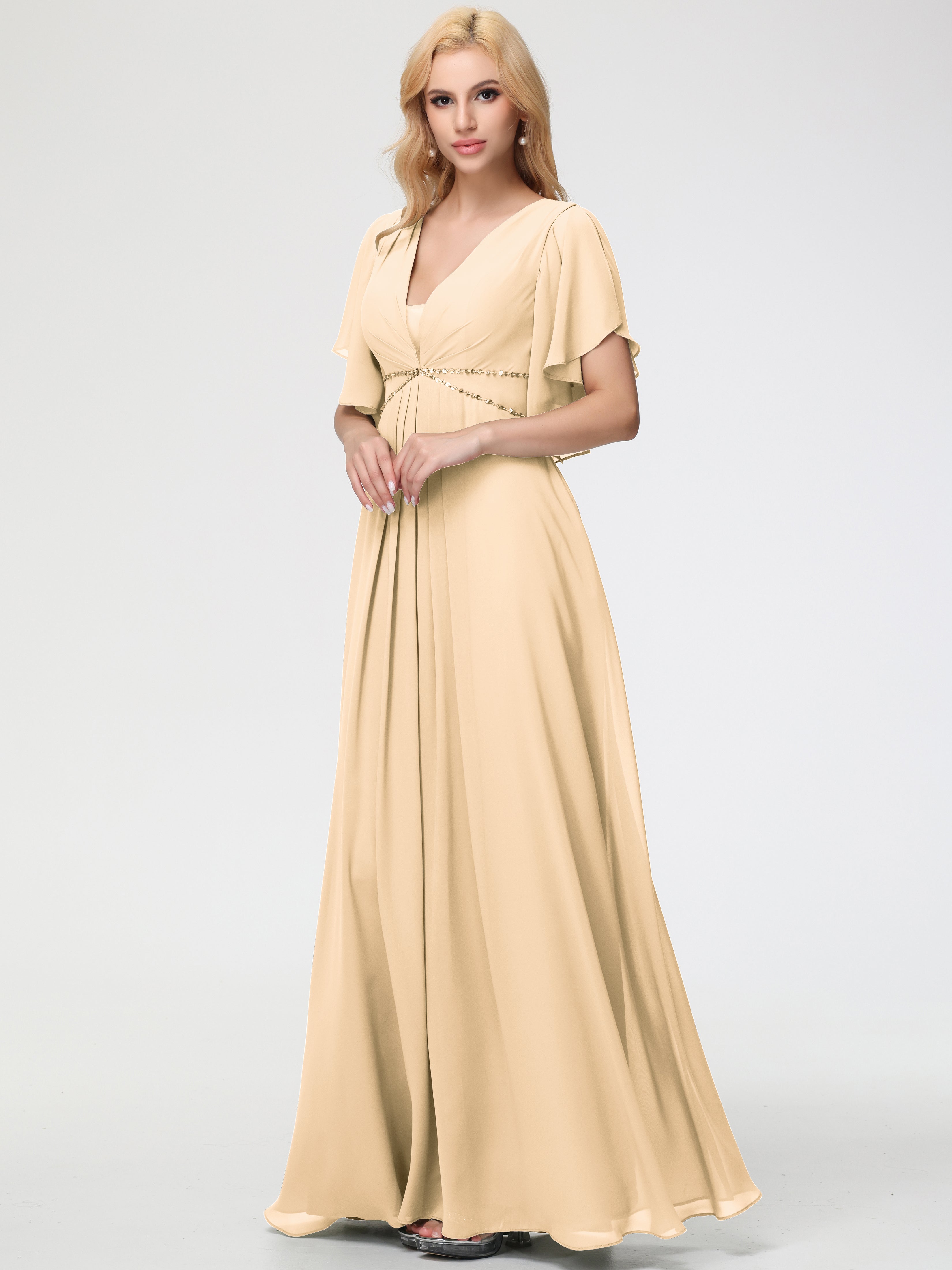 Peach Bridesmaid Dresses A-Line Short Sleeves V Neck Sequined Empire Waist Long Chiffon Bridesmaid Dresses