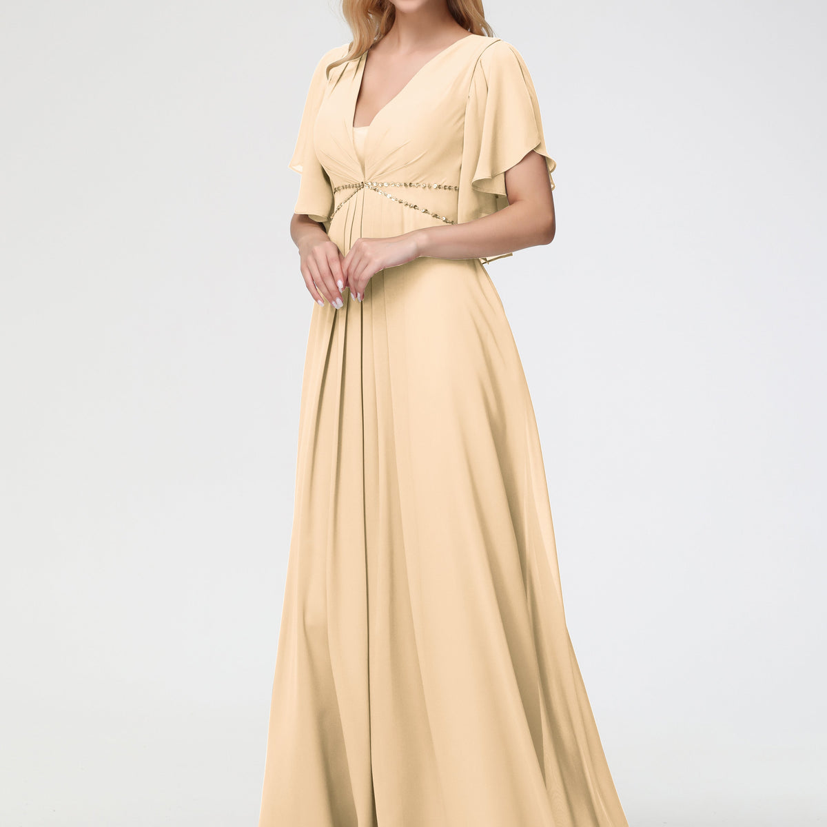 peach long sleeve bridesmaid dresses A-Line Short Sleeves V Neck Sequined Empire Waist Chiffon Bridesmaid Dresses bridesmaid peach dress for wedding