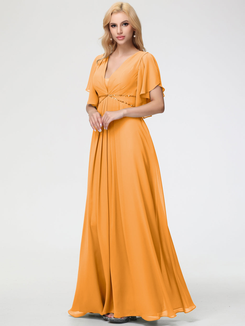 tangerine dresses bridesmaid Tangerine Orange Bridesmaid Dresses A-Line Short Sleeves V Neck Sequined Empire Waist Long Chiffon Bridesmaid Dresses