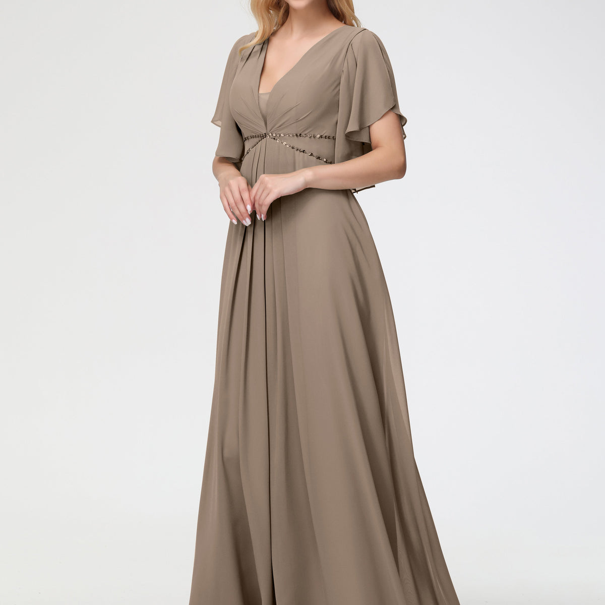 Taupe Bridesmaid Dresses A-Line Short Sleeves V Neck Sequined Empire Waist Long Chiffon Bridesmaid Dresses