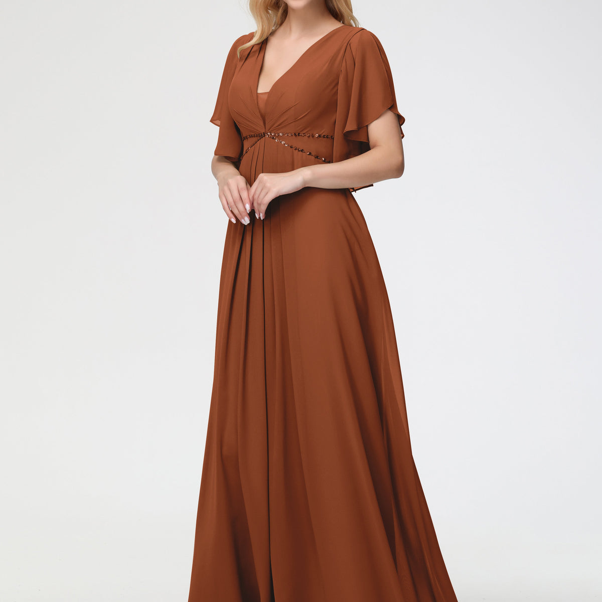 Terracotta Bridesmaid Dresses A-Line Short Sleeves V Neck Sequined Empire Waist Long Chiffon Bridesmaid Dresses