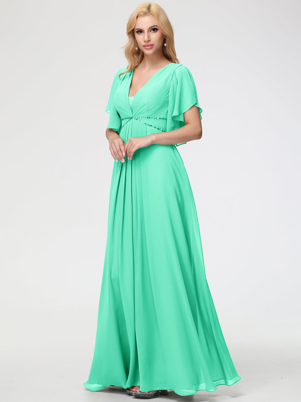 Turquoise Bridesmaid Dress A-Line Short Sleeves V Neck Sequined Empire