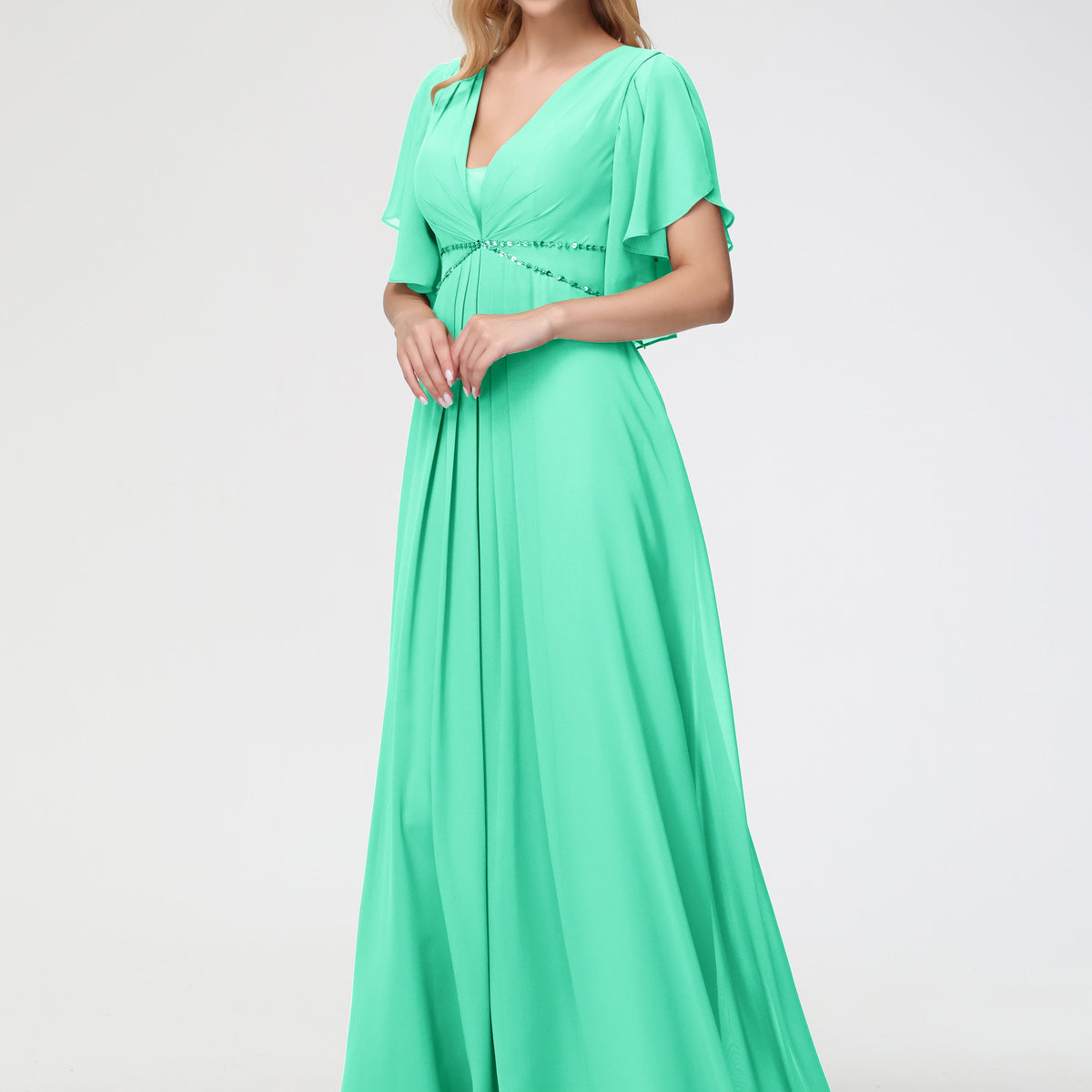 Turquoise Bridesmaid Dress A-Line Short Sleeves V Neck Sequined Empire