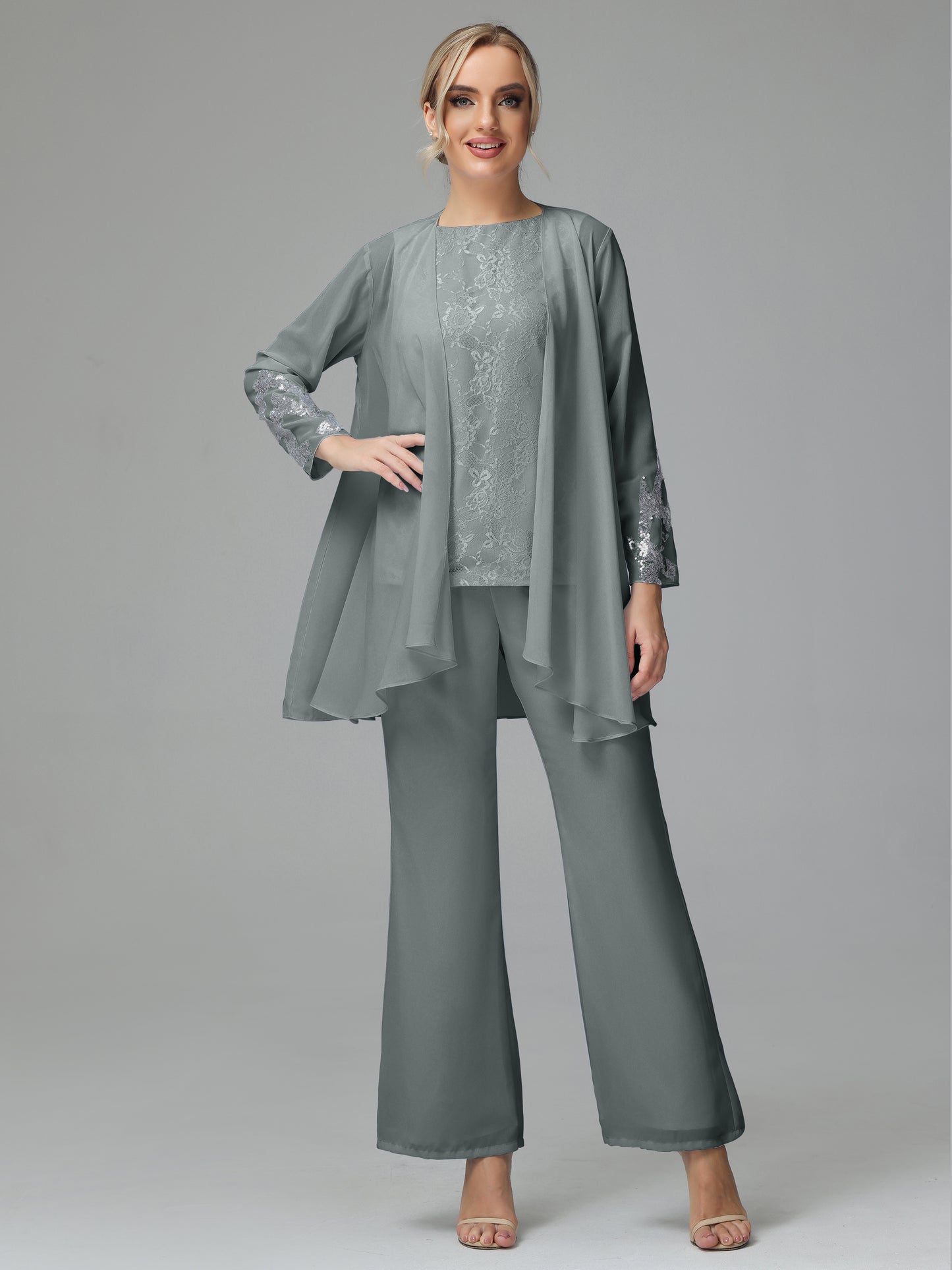 Long Sleeves Chiffon Lace Mother Of The Bride Dress Pants Suits