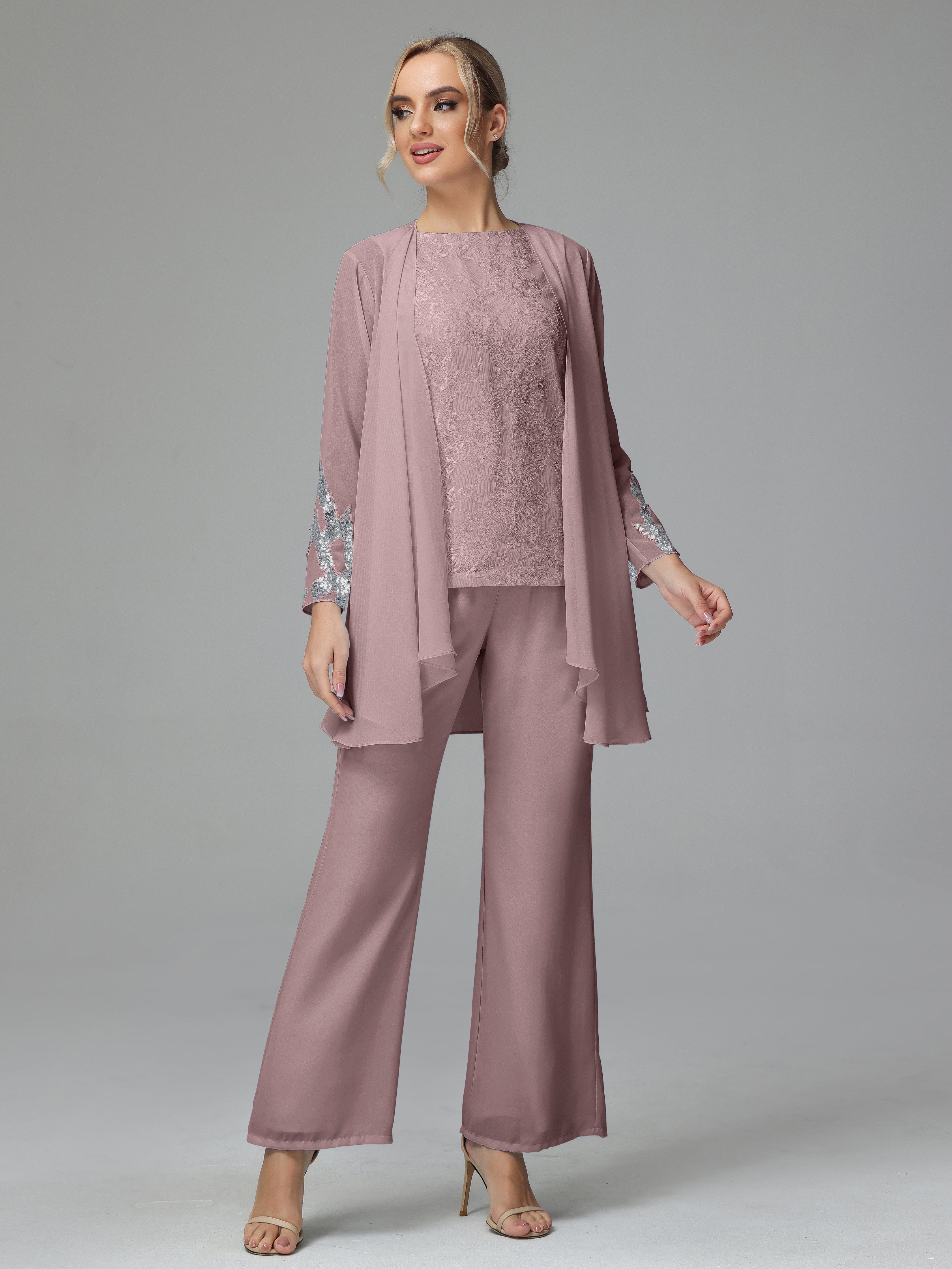 Long Sleeves Chiffon Lace Mother Of The Bride Dress Pants Suits