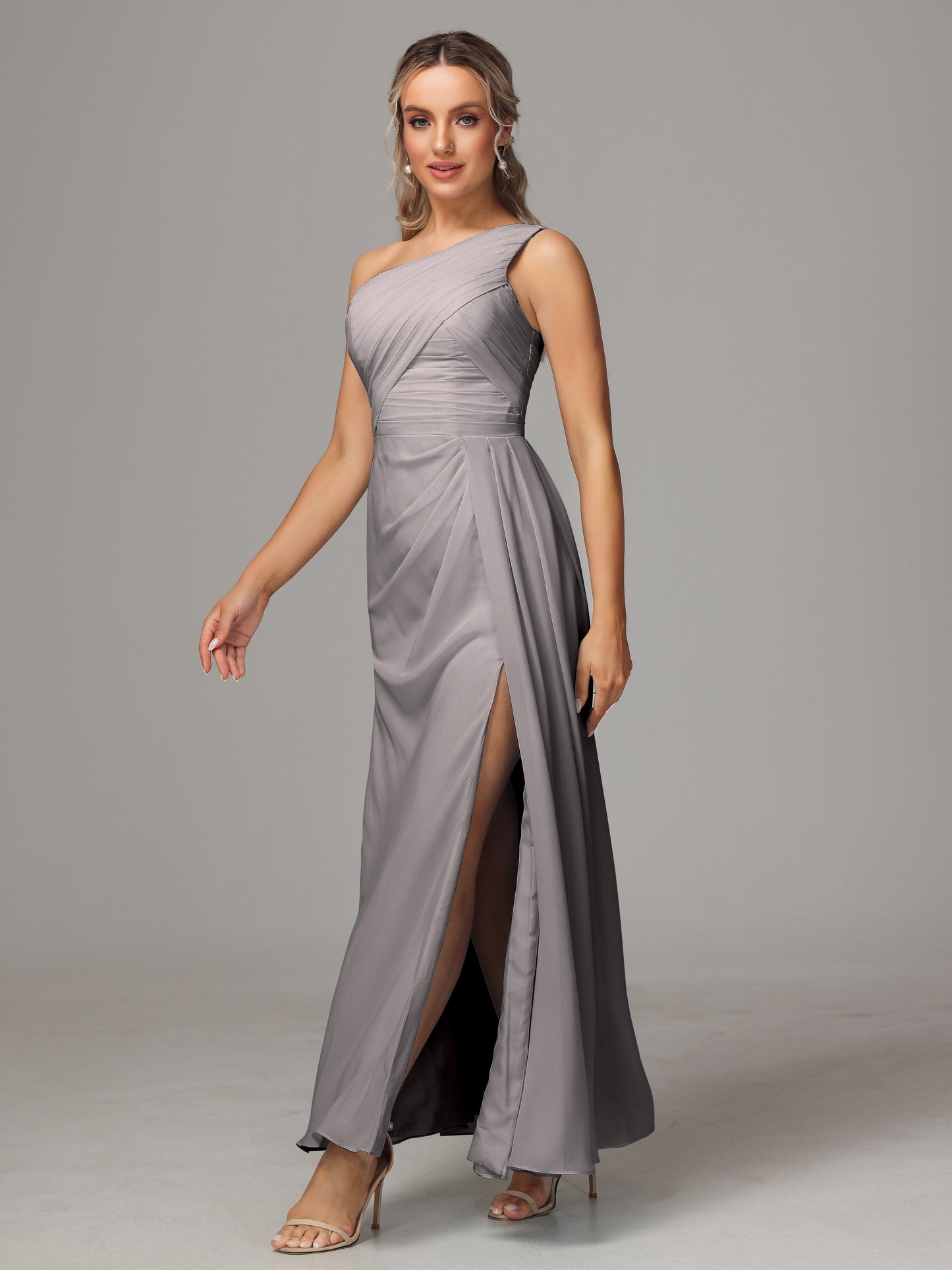 One Shoulder Floor Length Chiffon Bridesmaid Dress