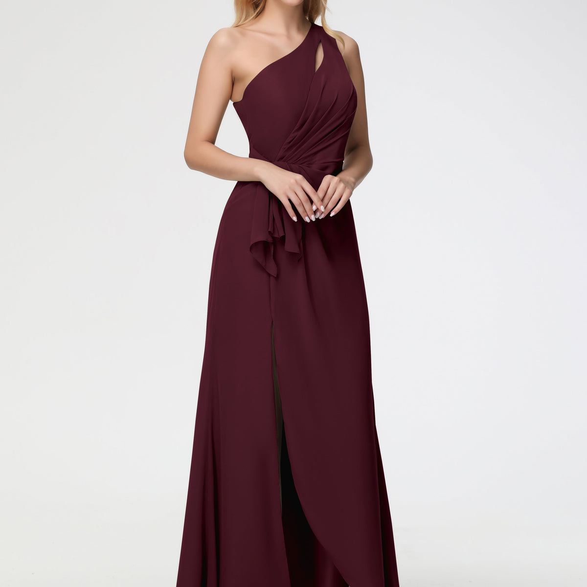 Cabernet Colored Bridesmaid Dresses One Shoulder Sheath/Column Ruched Chiffon Bridesmaid Dresses with Slit