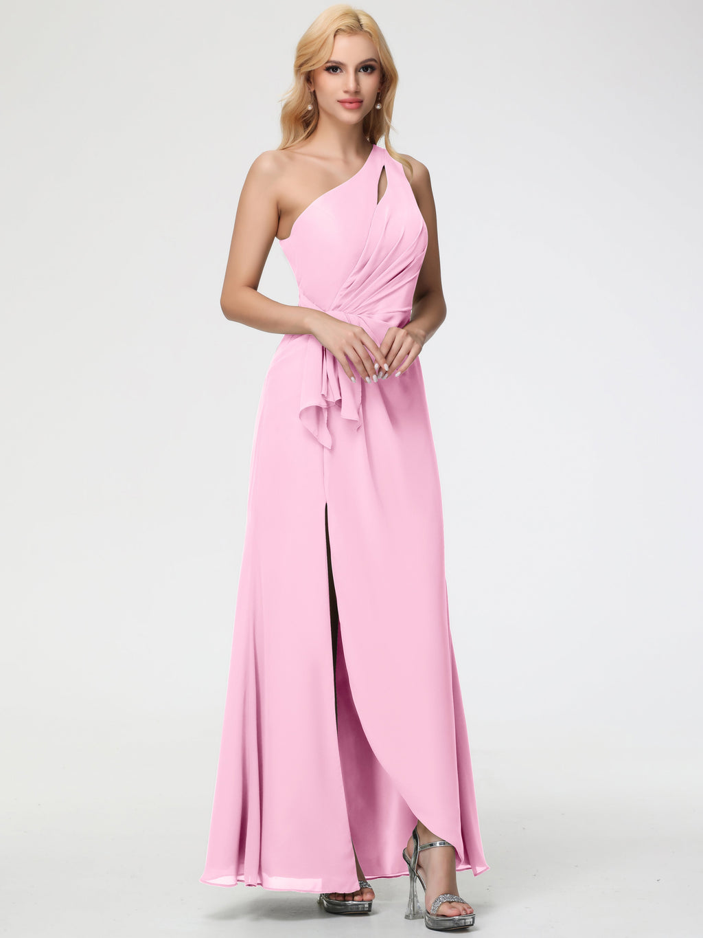 Cotton Candy Pink Bridesmaid Dresses One Shoulder Sheath/Column Ruched Chiffon Bridesmaid Dresses with Slit