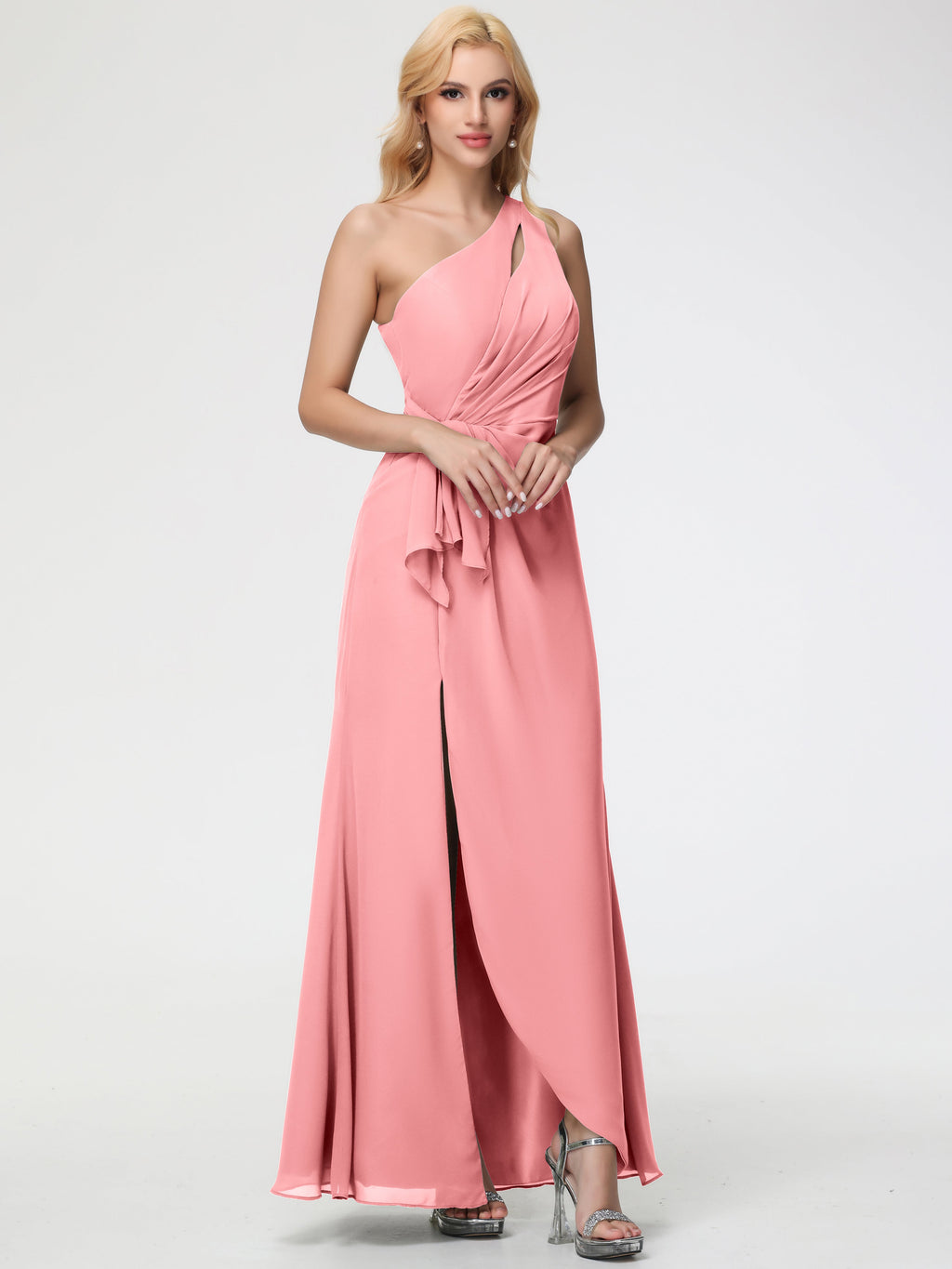 Flamingo Bridesmaid Dresses One Shoulder Sheath/Column Ruched Chiffon Bridesmaid Dresses with Slit