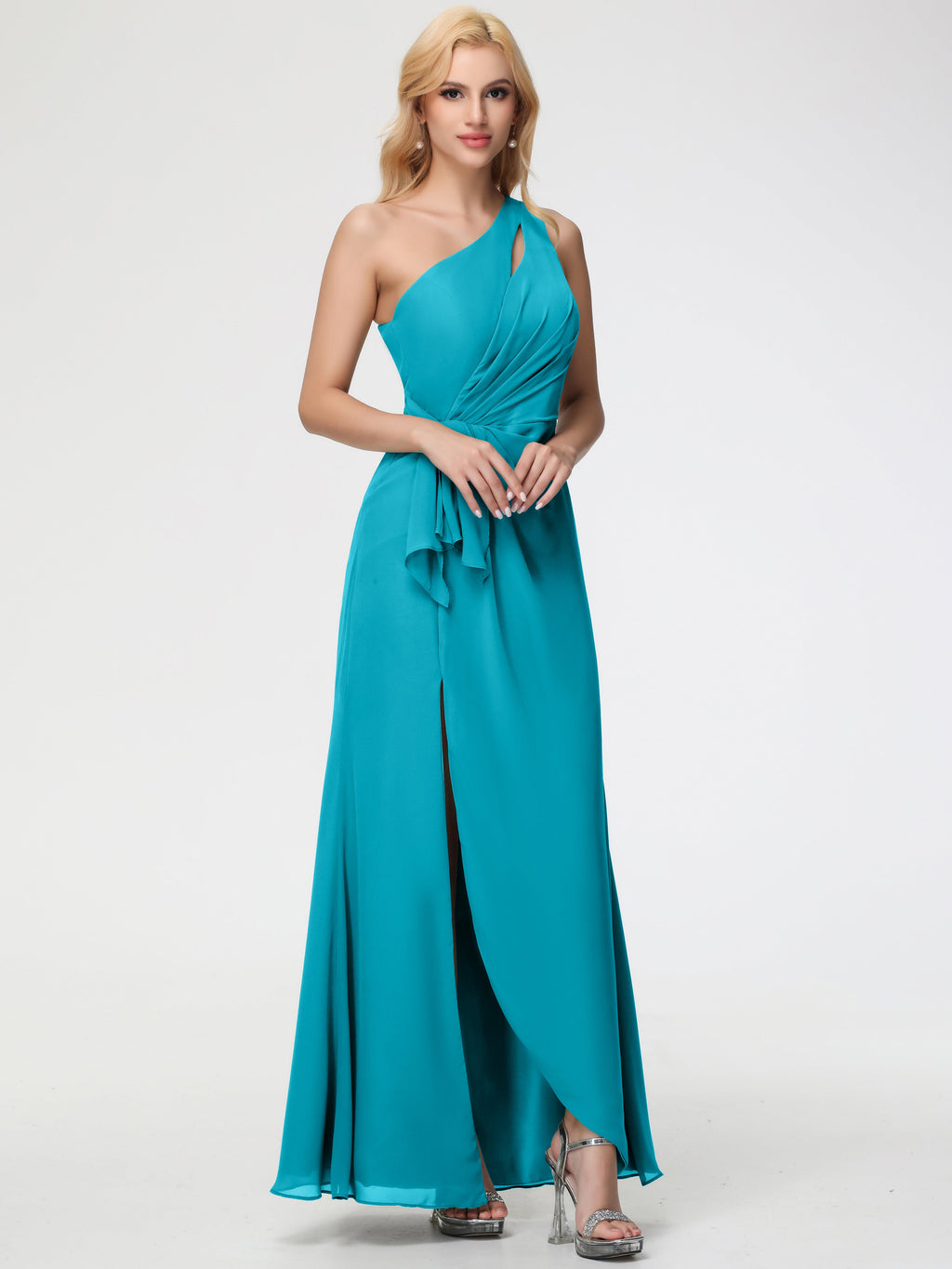 Cicinia Side Slit One Shoulder Chiffon Bridesmaid Dress, Jade