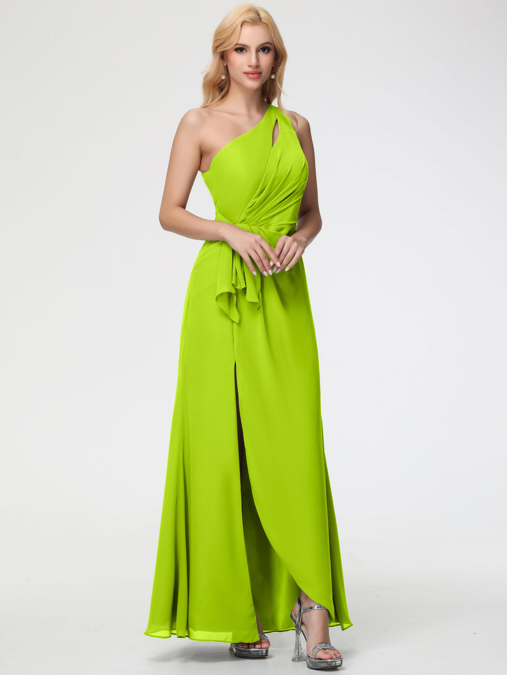 lime green bridesmaid dress Long Dresses One Shoulder Sheath/Column Ruched Chiffon Bridesmaid Dresses with Slit DERBY-DAY Sample Sale | Sage Colour:Blush This dress is a