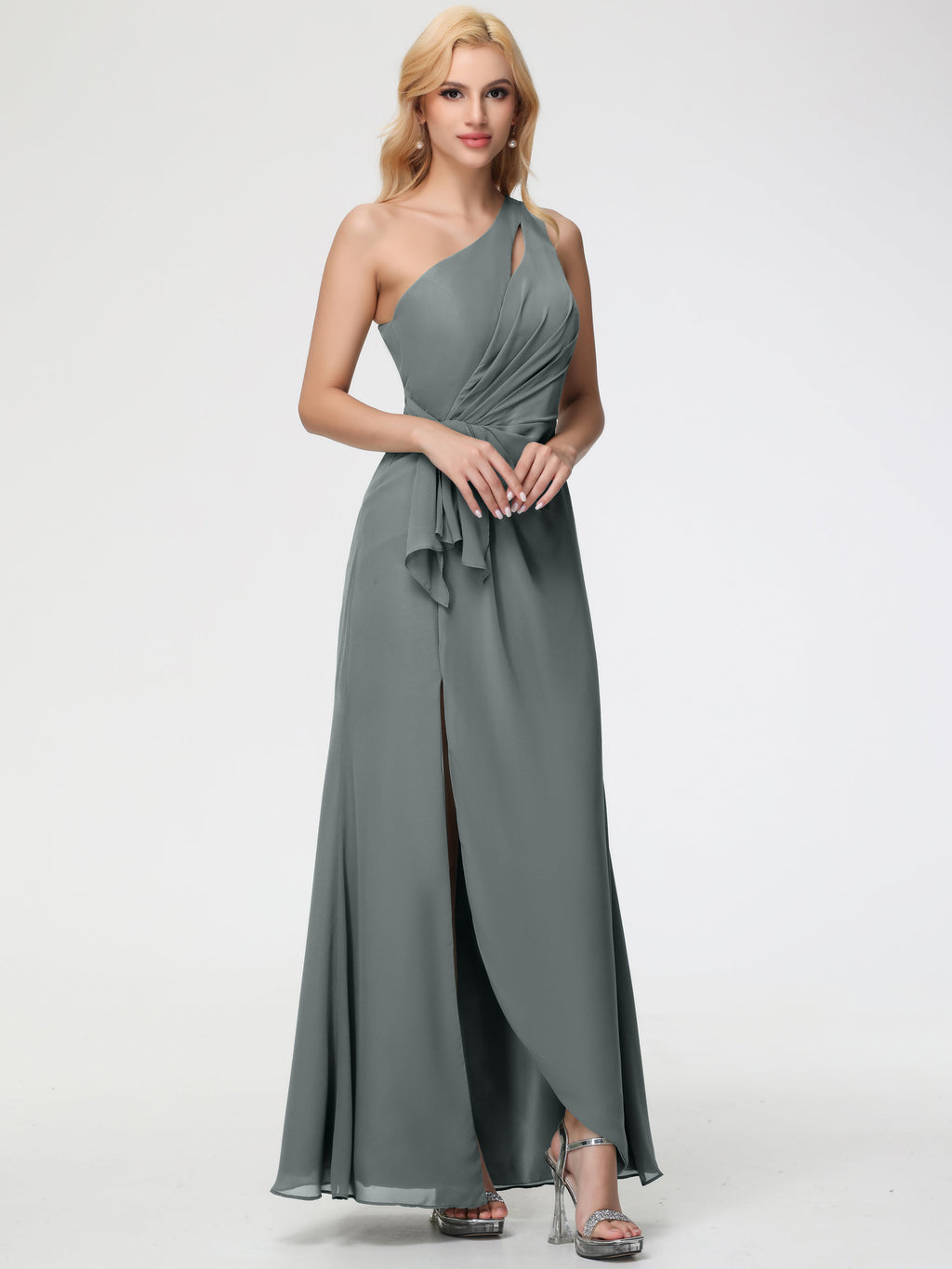 one shoulder gray bridesmaid dress Steel Blue Grey Bridesmaid Dresses One Shoulder Sheath/Column Ruched  Chiffon Bridesmaid Dresses with Slit