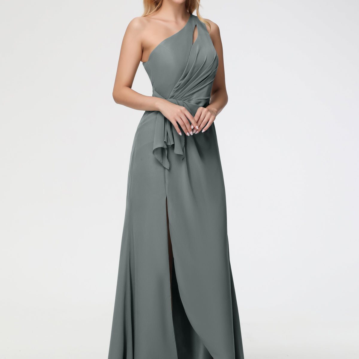 Steel Blue Grey Bridesmaid Dresses One Shoulder Sheath/Column Ruched Chiffon Bridesmaid Dresses with Slit Steel Blue Grey Bridesmaid Dresses One Shoulder Sheath/Column Ruched Chiffon Bridesmaid Dresses with Slit