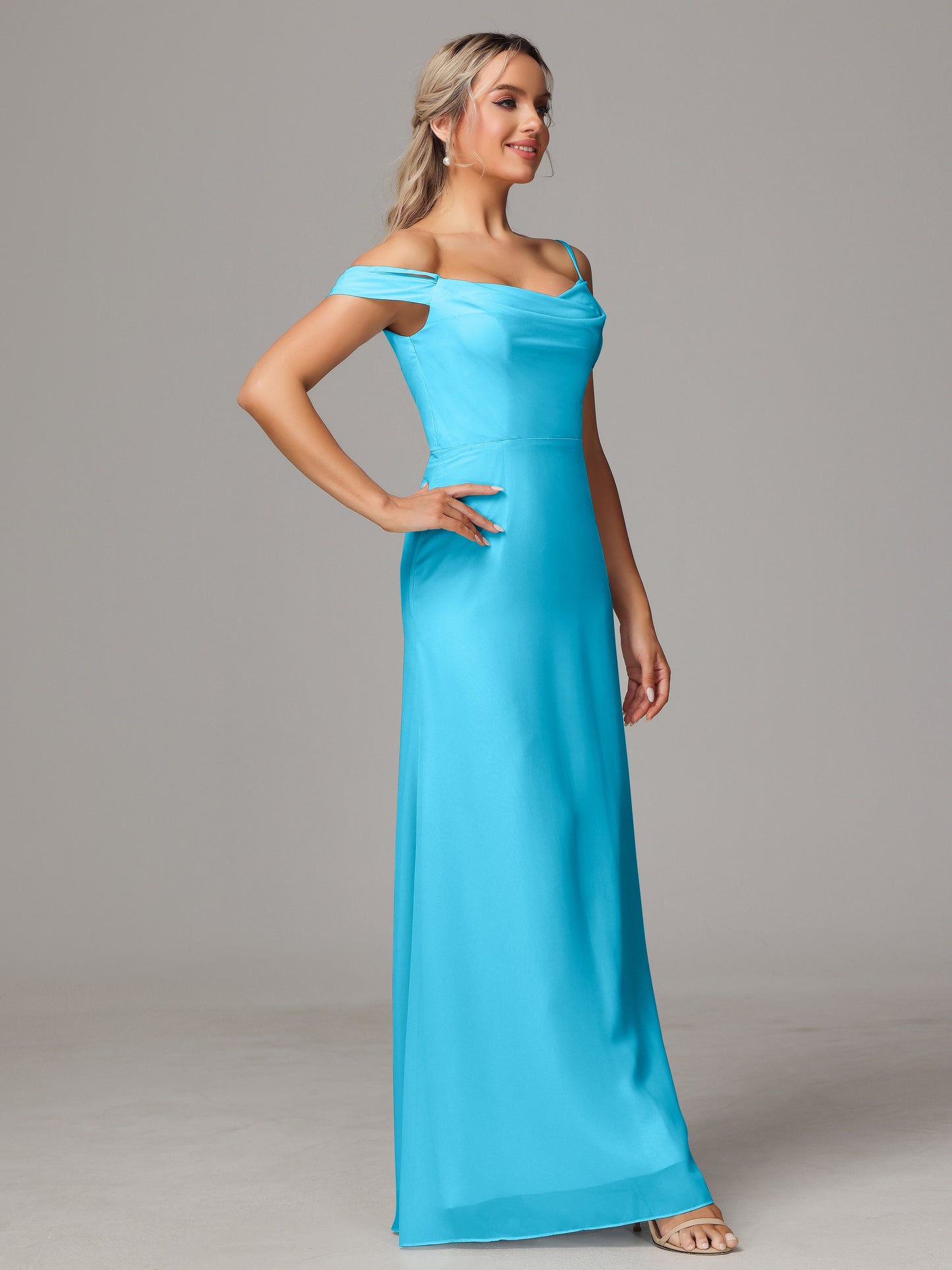 Spaghetti Straps Off The Shoulder Chiffon Wedding Guest Dress With Slit