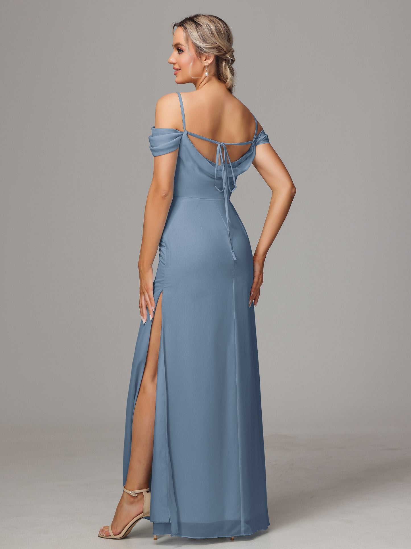 Spaghetti Straps Off The Shoulder Chiffon Wedding Guest Dress With Slit