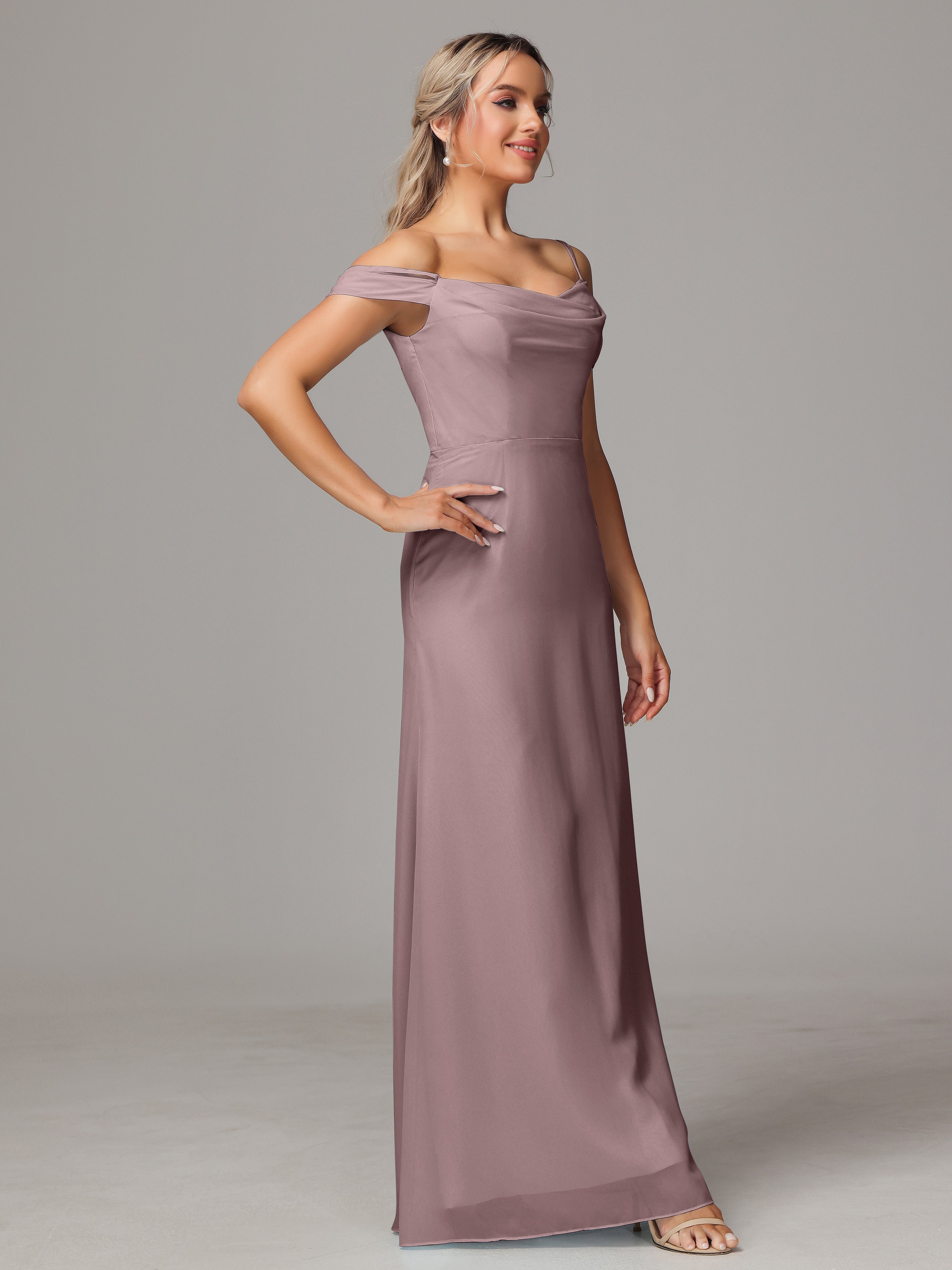 Spaghetti Straps Off The Shoulder Chiffon Wedding Guest Dress With Slit