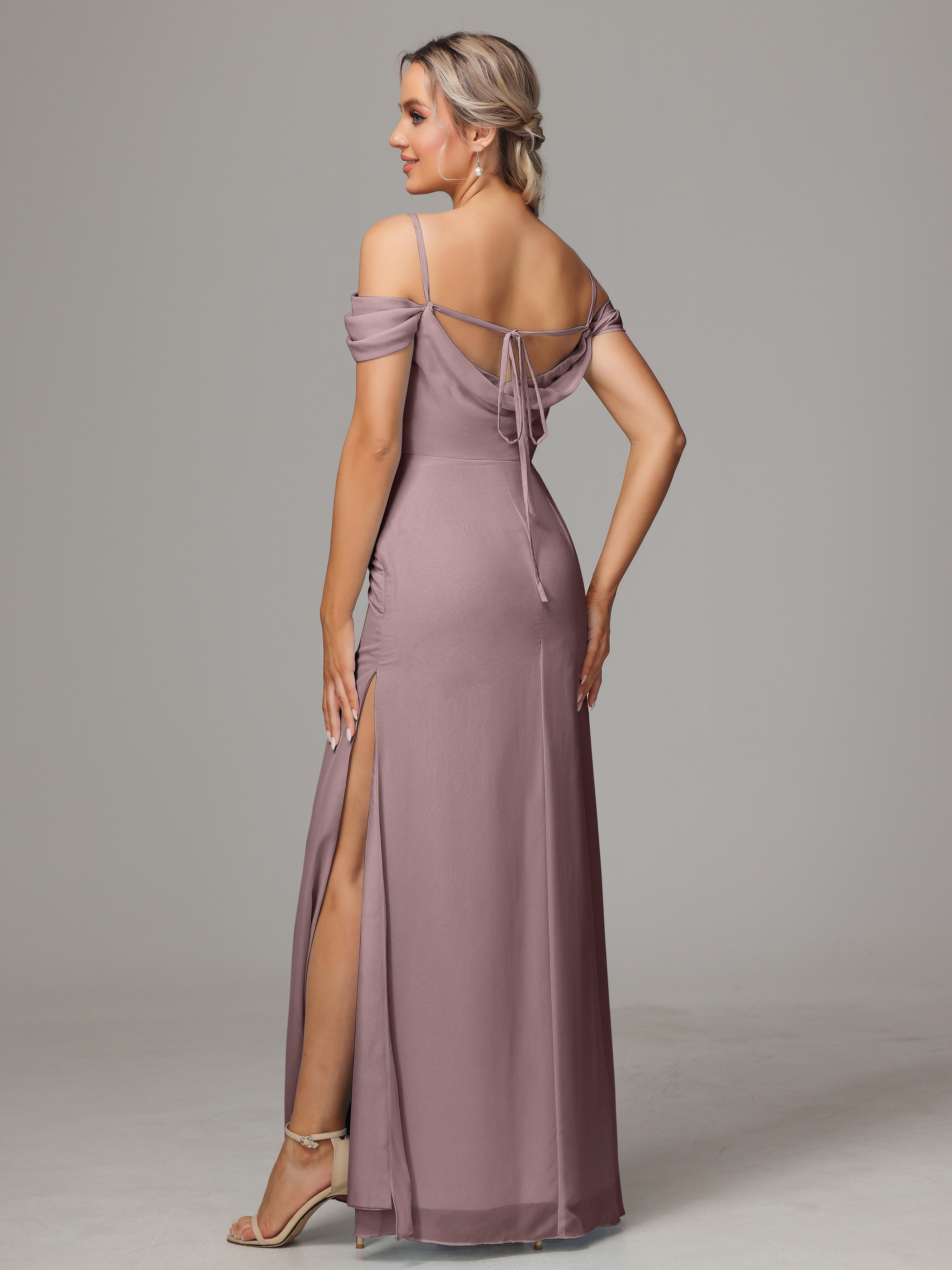 Spaghetti Straps Off The Shoulder Chiffon Wedding Guest Dress With Slit