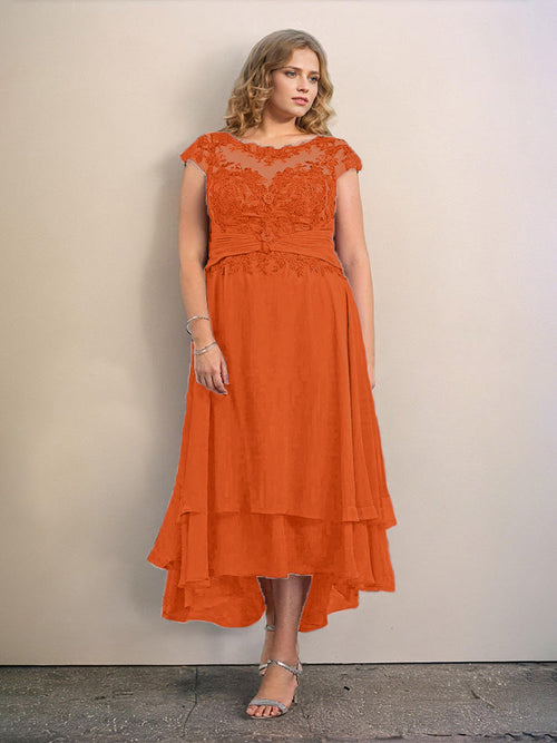 Round Neck Lace Appliques Chiffon Mother of the Bride Dresses with Cap main image 1