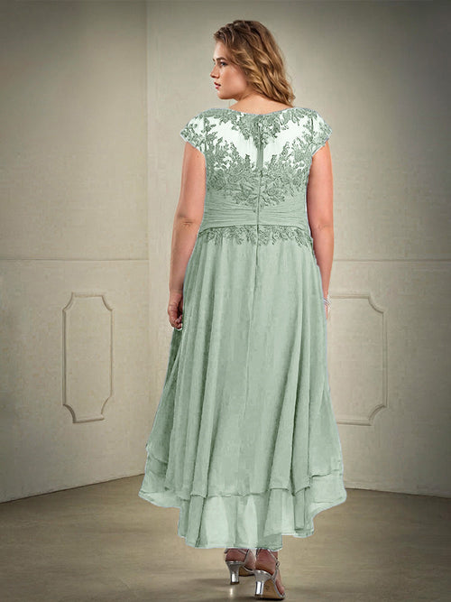 Illusion Neckline Asymmetrical Lace Appliques Chiffon Mother of the  Groom Dresses