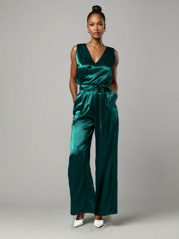 Jumpsuit V-Neck Sleeveless Soft Satin Mother Of The Bride Dress With Tie Pantsuit main image 0