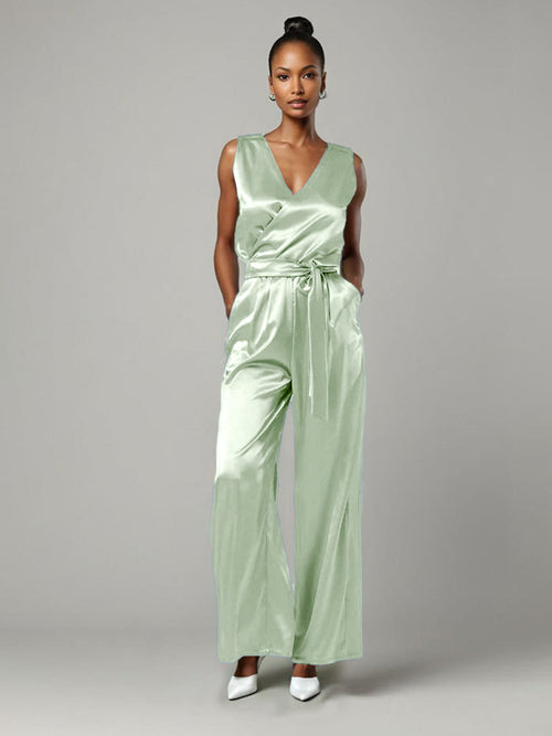 Jumpsuit V-Neck Sleeveless Soft Satin Mother Of The  Groom Dress With Tie Pantsuit