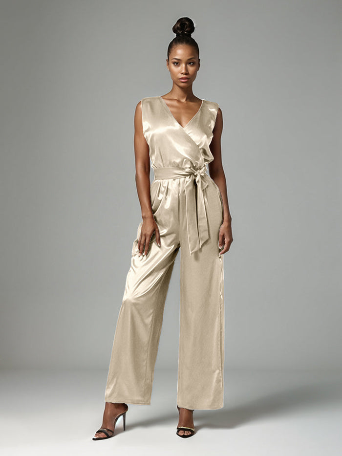Jumpsuit V-Neck Sleeveless Soft Satin Belt Mother Of The  Groom Dress Pantsuit