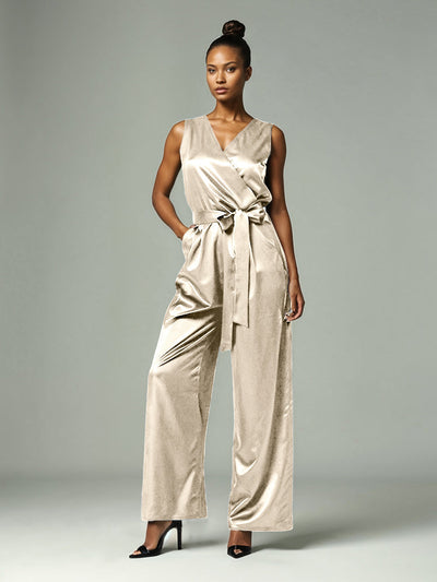 Jumpsuit V-Back Sleeveless Soft Satin Mother Of The  Groom Dress With Tie Pantsuit