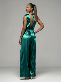 Jumpsuit V-Neck Sleeveless Soft Satin Pleats Mother Of The  Groom Dress With Tie Pantsuit