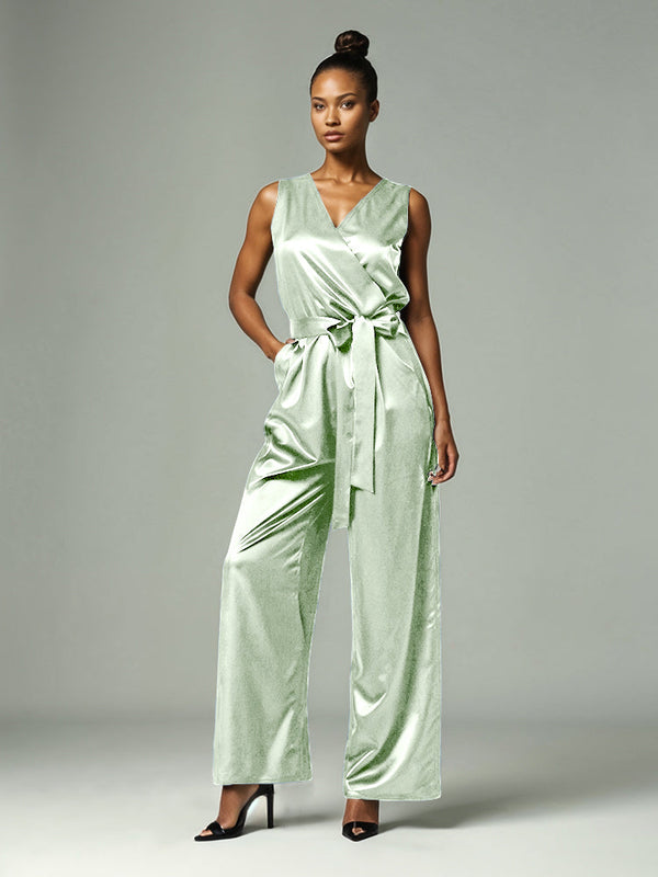 Jumpsuit V-Neck Sleeveless Soft Satin Mother Of The Bride Dress With Tie Pantsuit main image 1