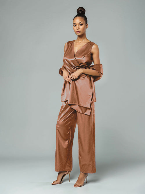 Jumpsuit V-Neck Sleeveless Soft Satin Pleats Mother Of The  Groom Dress With Belt Pantsuit