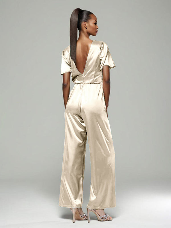 Jumpsuit Round Neck Half Sleeves Soft Satin Mother Of The  Groom Dress With Belt Pantsuit