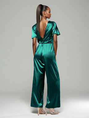 Jumpsuit V-Neck Half Sleeves Soft Satin Pleats Mother Of The  Groom Dress With Belt Pantsuit