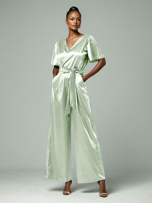 Jumpsuit Round Neck Half Sleeves Soft Satin Mother Of The Bride Dress With Belt Pantsuit