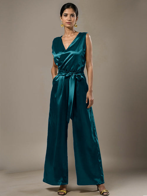 Jumpsuit V-Neck Sleeveless Soft Satin Mother Of The Bride Dress With Tie Pantsuit