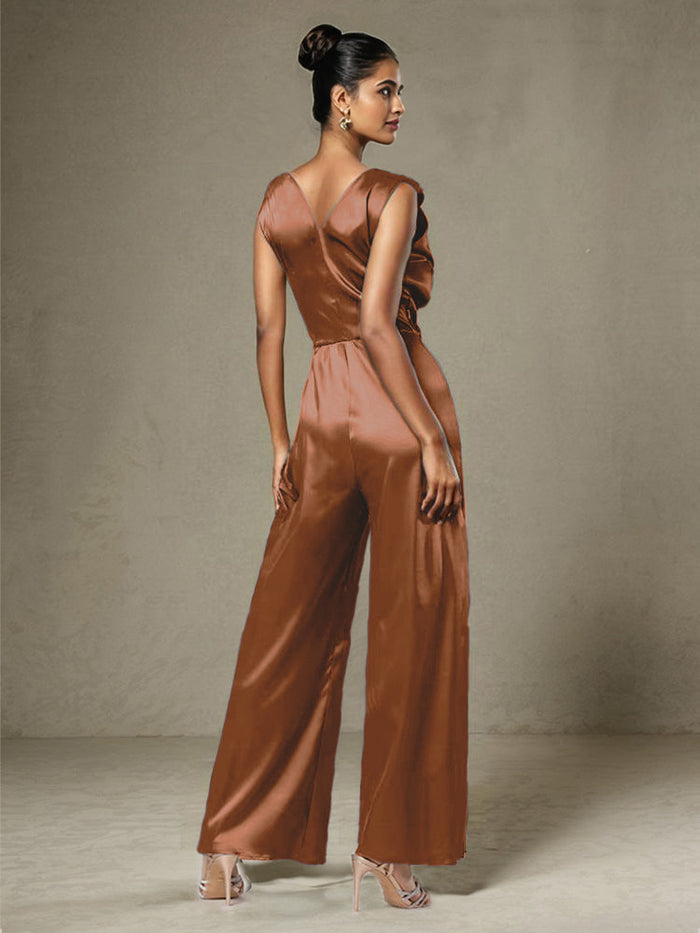 Jumpsuit V-Neck Sleeveless Ruched Soft Satin Mother Of The  Groom Dress Pantsuit