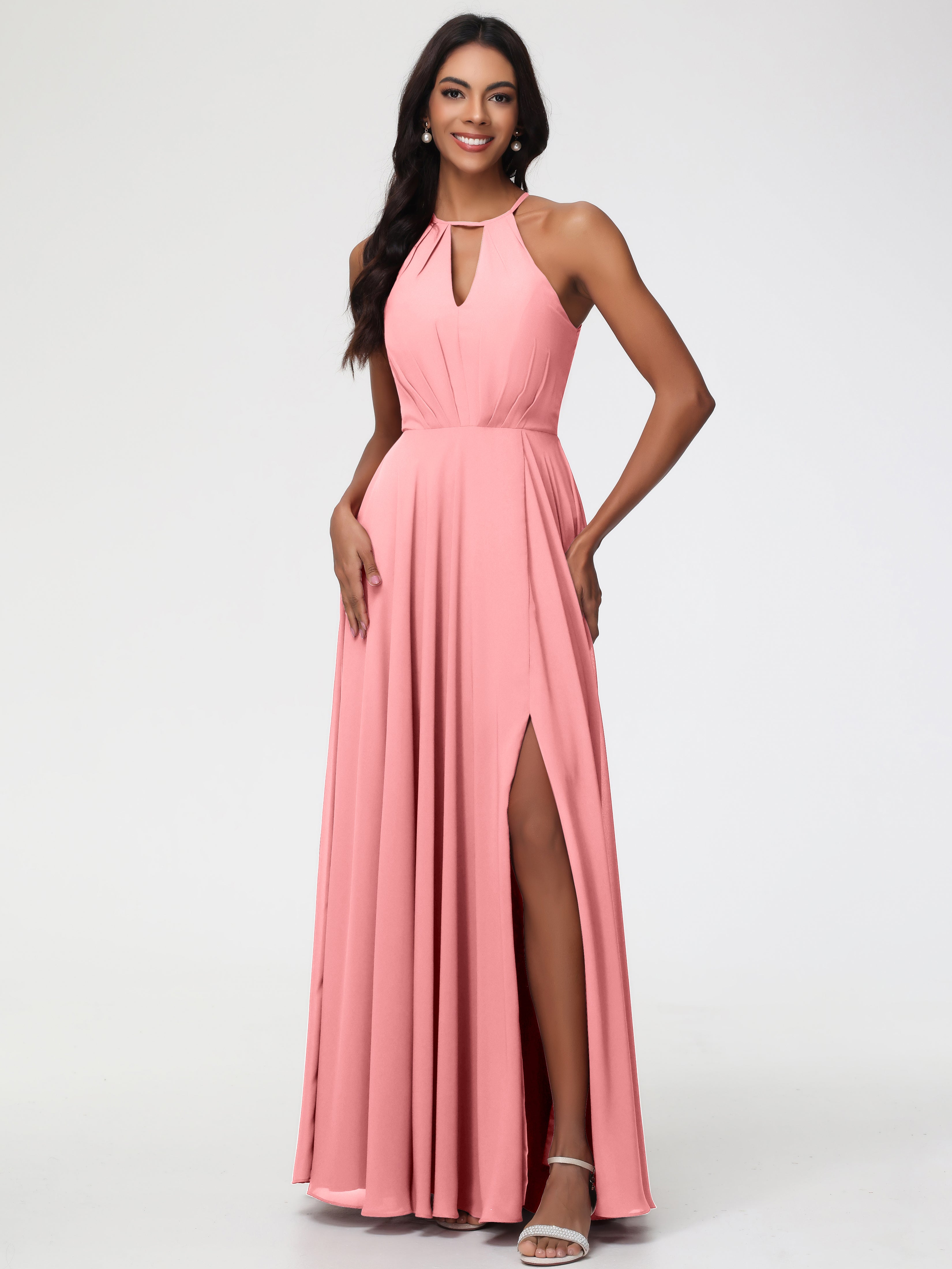 flamingo pink bridesmaid dresses Flamingo Chiffon Queen Anne Neck Long Bridesmaid Dress