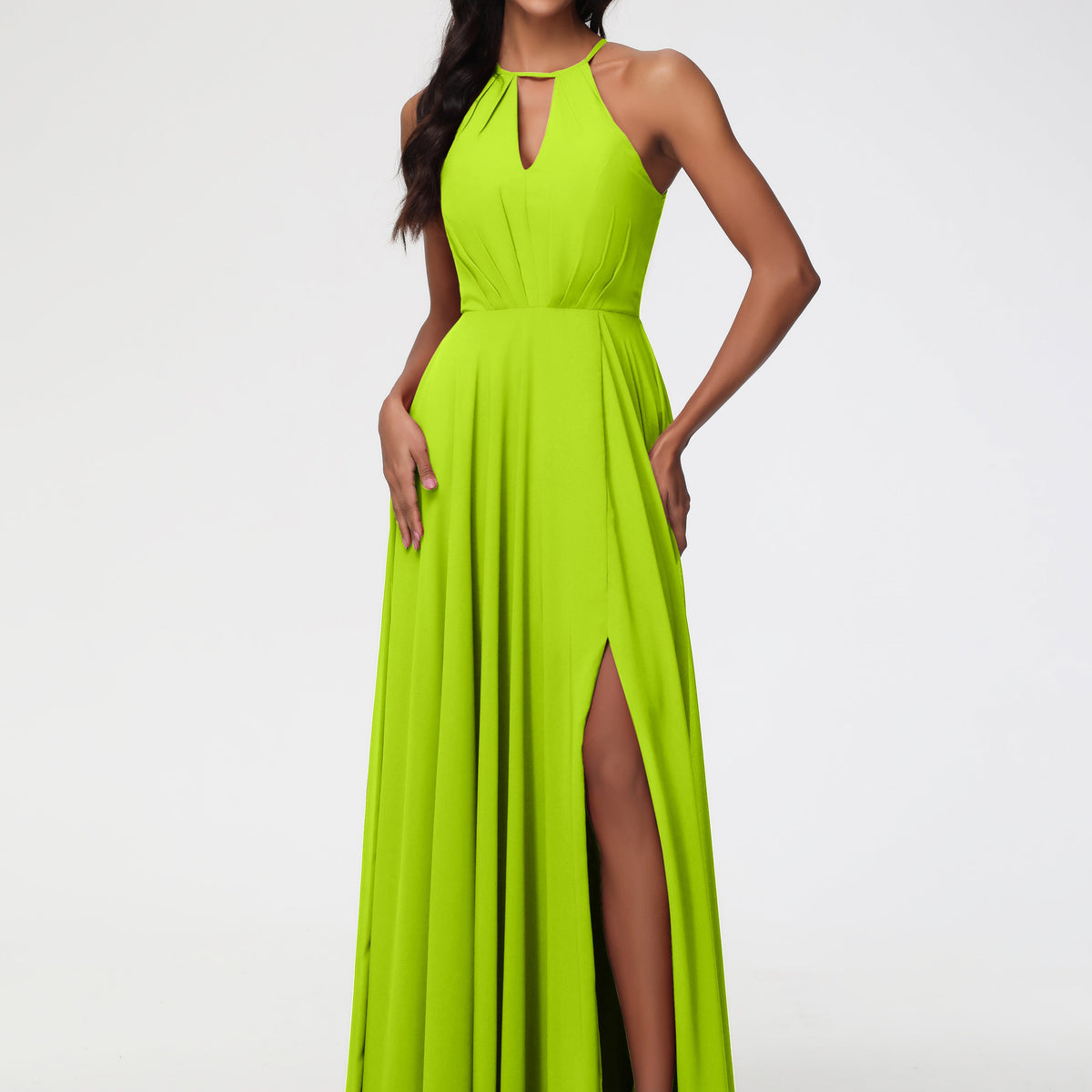 Lime Green Bridesmaid Dresses Halter A-Line Sleeveless Floor Length Chiffon Bridesmaid Dresses with Slit Lime Green Bridesmaid Dresses Halter A-Line Sleeveless Floor Length Chiffon Bridesmaid Dresses with Slit