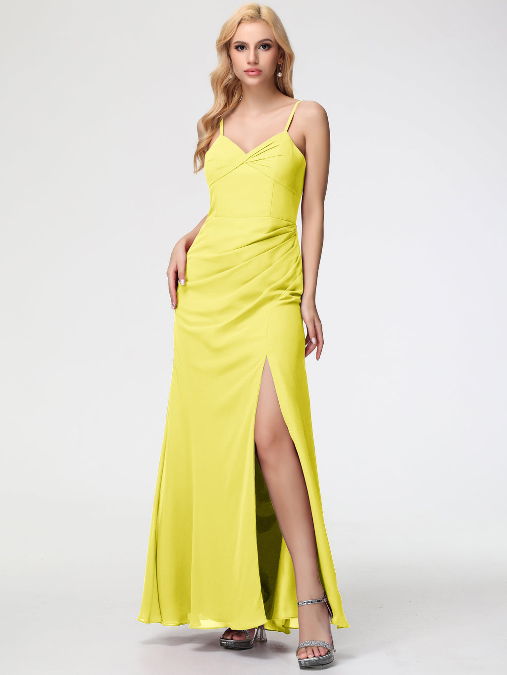 lemon satin bridesmaid dress Bridesmaid Dress Lemon Sheath/Column Spaghetti Straps V-Neck Floor Length Chiffon Bridesmaid Dresses with Slit