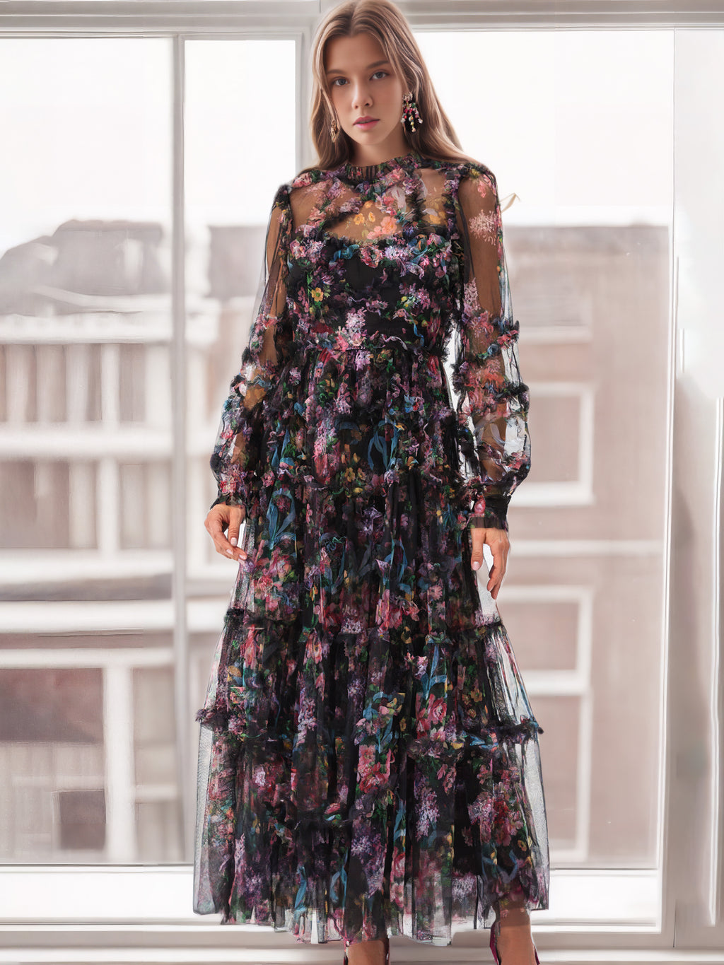 fitted lace wedding dress Mock Neck Floral Long Sleeves Tulle Tiered Ruffle Wedding Guest Dresse