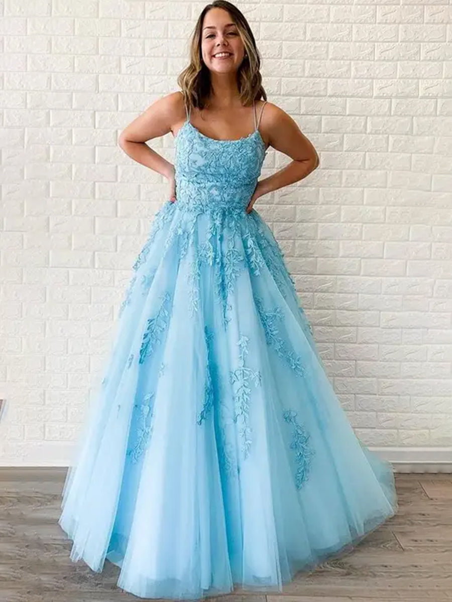 Sky Blue Formal Dresses Elegant Spaghetti Straps A-line Lace Appliques Tulle Formal Dress
