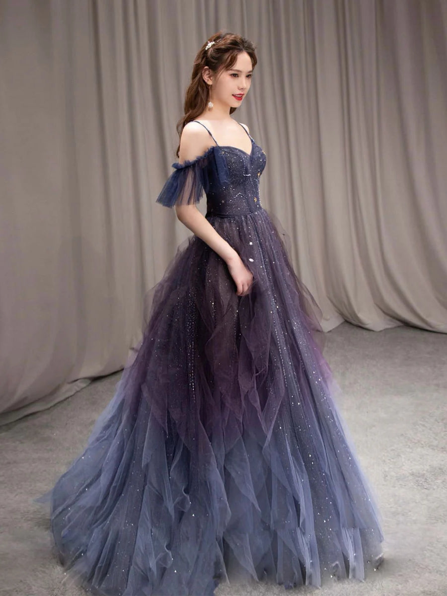 Elegant Off-the-Shoulder Straps Ombre Purple Tulle Long Prom Dress