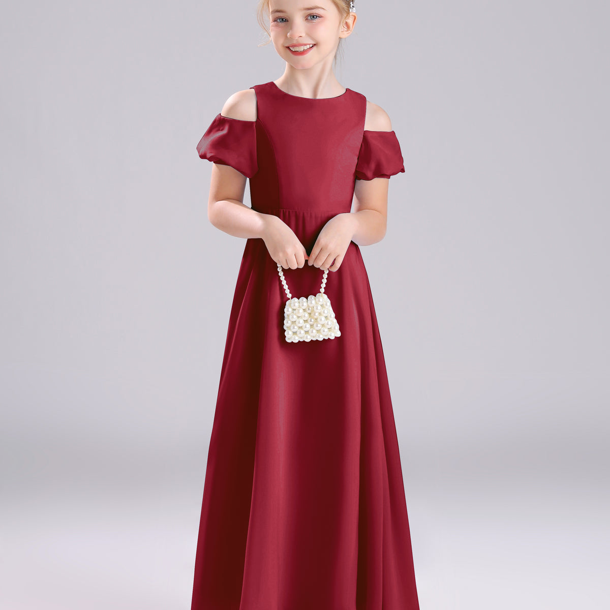 Off the Shoulder Floor Length Chiffon Junior Bridesmaid Dress, Mist